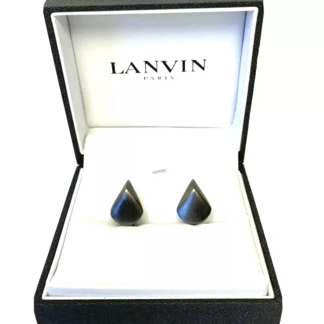 LANVIN PARIS Mens Ruthenium Plated Oval Teardrop Metal Cufflinks Gray $280