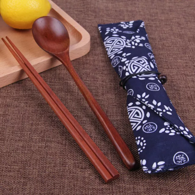 1 Set Wooden Natural Chopsticks Spoon Japanese Style Tableware Cloth Bag Gift UK