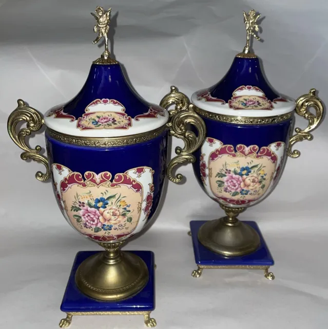Vintage Pair Italian Alfa porcelain Urn Vases With Gilt Metal Hardware Lion Feet
