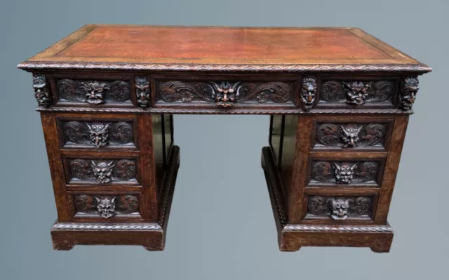 Victorian Carved Oak Green Man Pedestal Desk