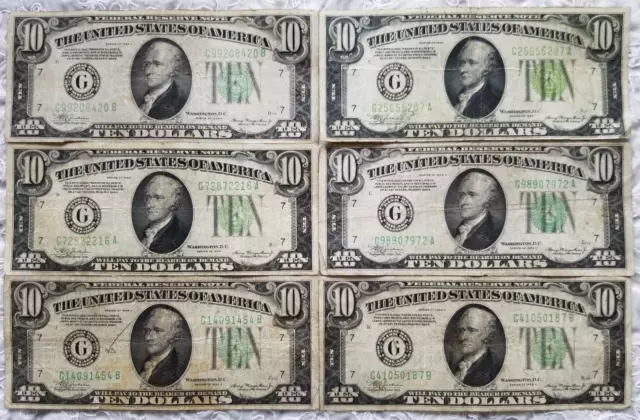 1934-A Set of 6 $10 Dollar Federal Reserve Note Green Seal "G" Chicago Bill