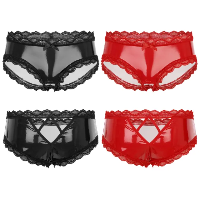 UK Sissy Men Latex PVC Faux Leather Boxer Briefs Lace Trim Open Crotch Hot Pants