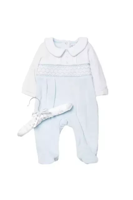 BNWT Baby Boys Blue Velour Smocking Detail Sleepsuit by Rock a Bye Baby🎈