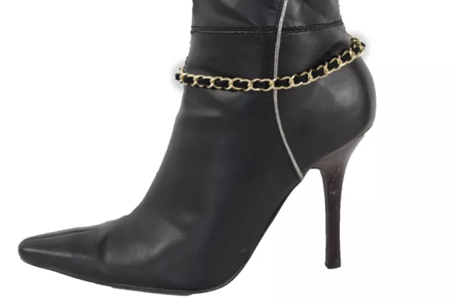 Women Fashion Boot Bracelet Gold Metal Chain Link Anklet Shoe Charm Black String