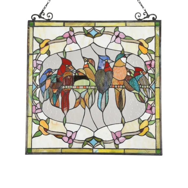 25" x 24" Tiffany style stained glass birds in line hanging window panel