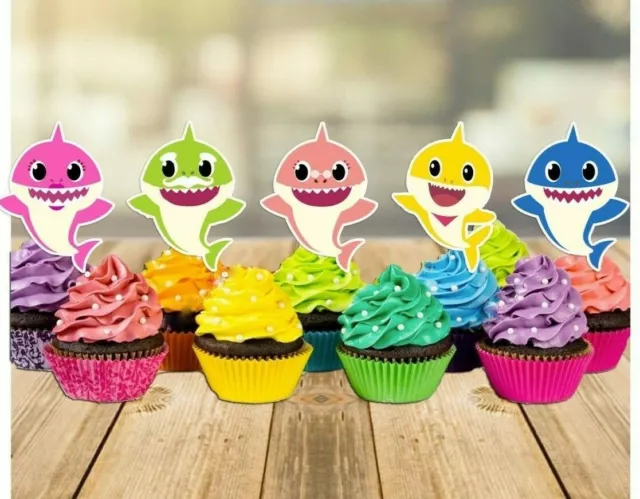 20 x Baby Shark Stand Up Cupcake Toppers Edible Wafer Card Birthday Cake Party