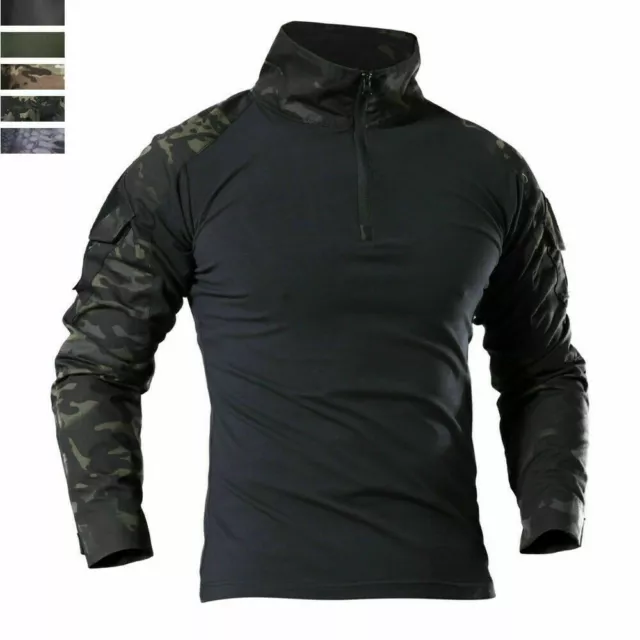 Mens Long Sleeve US Army Tactical T-Shirt Combat Military Camo Casual Zip Shirts