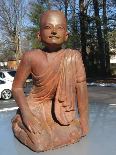 vintage Asian Burmese Carving wood of Kneeling Buddhist Monk large statue