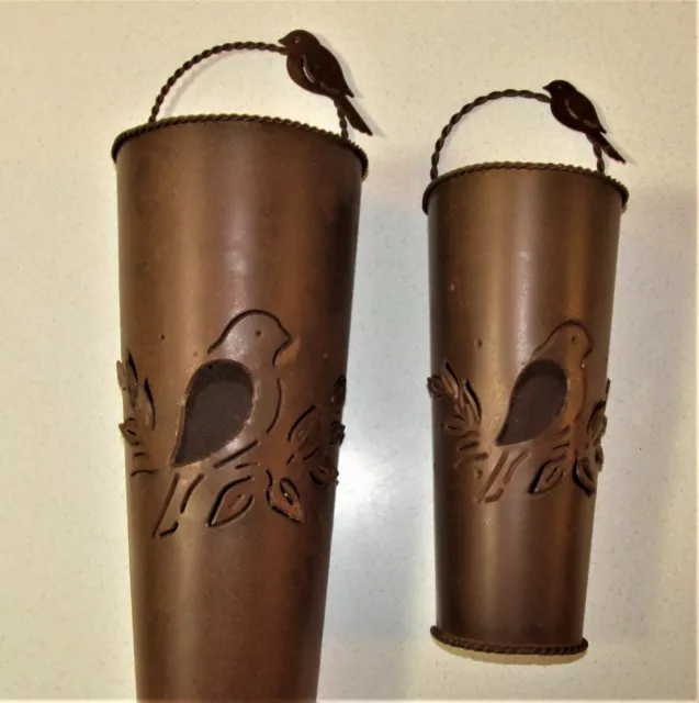 Set Of Two Tin Rustic Looking Wall Pockets Artistic Bird Designs
