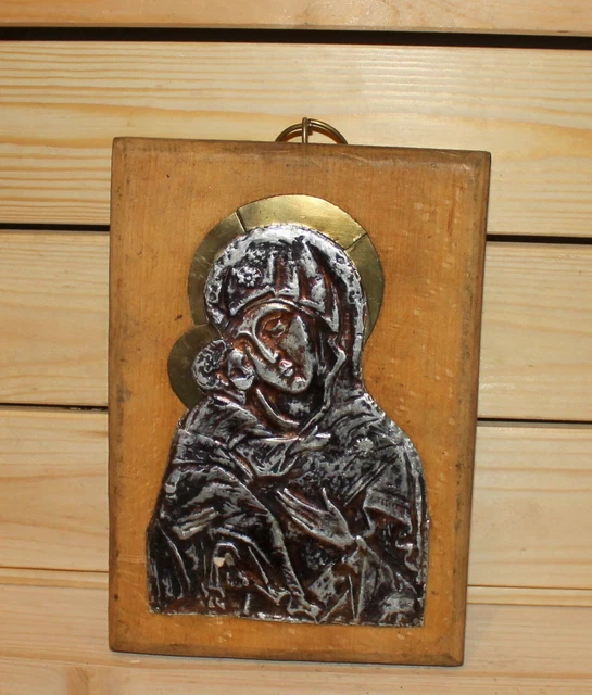 VINTAGE RELIGIOUS HAND made wall hanging metal plaque Virgin Mary Jesus