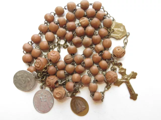 Late 1800s Medium Antique Unpolished Brown Wood Beads Rosary in Brass