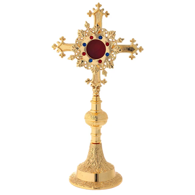 Reliquiario con pietre in ottone satinato dorato 27 cm