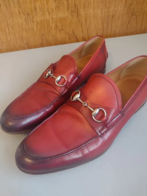 GUCCI Men’s Jordaan Horsebit Burnished Burgundy Leather Loafers  SIZE 9