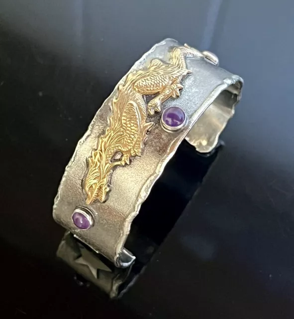 Vtg Chinese Sterling Amethyst Cabochon Cuff Bracelet, Gold Repousse Dragon, 50g