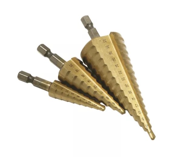 Ensemble de perceuses pas HSS 3 pièces, perceuses à cône revêtues de titane, coupe-trou acier/bois