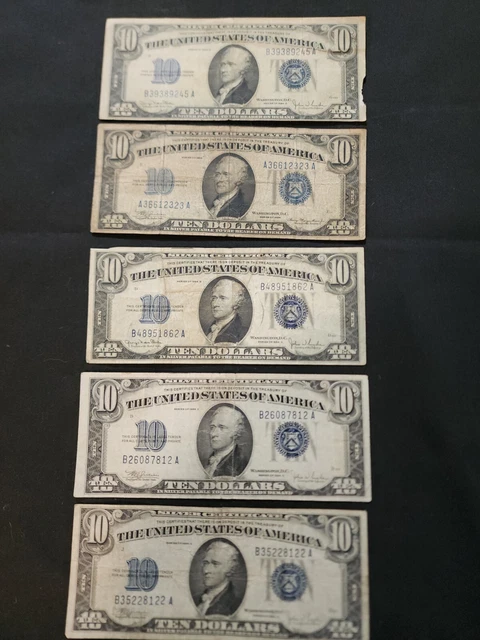 Lot Of 5 Silver Certificate $10 (Ten) Dollar  Blue Seal  Bank Notes