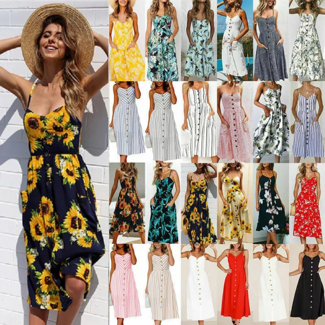 Womens Ladies BOHO Summer Beach Midi Dress Holiday Strappy Sun Dresses Button