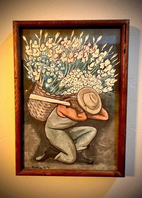 El Vendedora De Flores by Diego Rivera art painting print Antique Framed In 1961