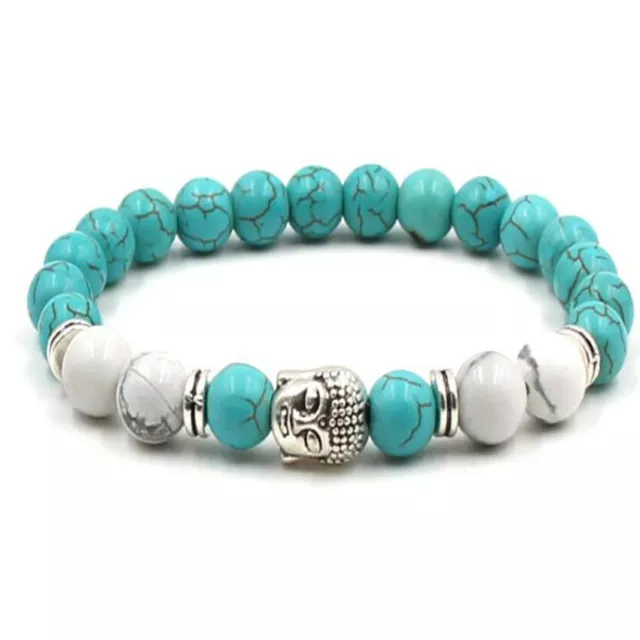 8MM Turquoise Gemstone Howlite Mala Bracelet 7.5 inches Lucky Tibet Silver