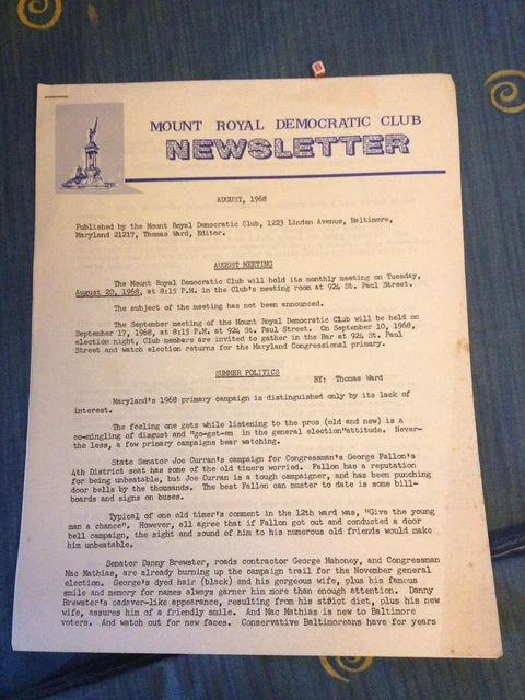 Vintage Rare 1968 , Mount Royal Democratic Club Newsletter , Baltimore,