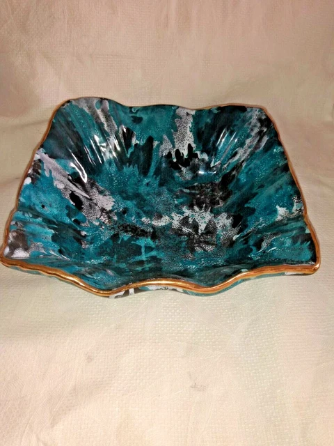 Italian art pottery majolica Square Candy Dish Turquoise black & white retro GUC