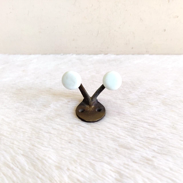 Vintage Rare 2 In 1 Dual Ceramic Knobs Brass Wall Hook Hanger Decorative M331