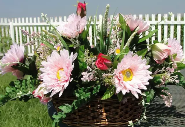 Wicker Basket Silk Flower Arrangement Pink Gerber Daisies Roses Greens