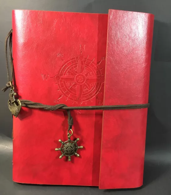 Red Leather Journal Scrap Book Anchor Compass Black Card stock Pages Refillable
