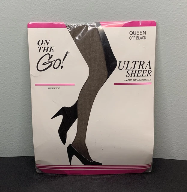VINTAGE ON THE Go! Pantyhose Ultra Sheer Off Black Sheer Toe Size Queen