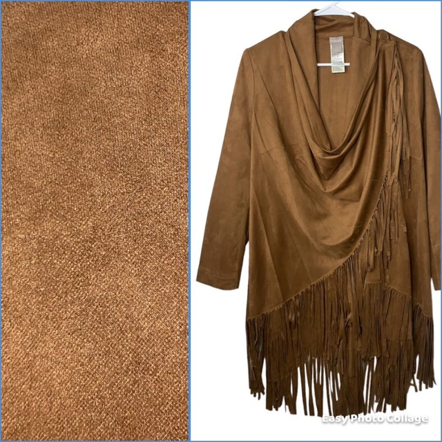 Chicos 0 Womens Small Brown Buckskin Faux Suede Fringed Western Cowboy Duster