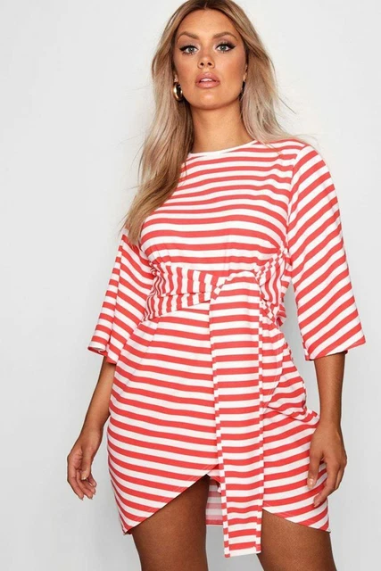 Plus Elle Stripe Kimono Sleeve Tie Waist Wrap Dress RED Size 14 BOOHOO NWT