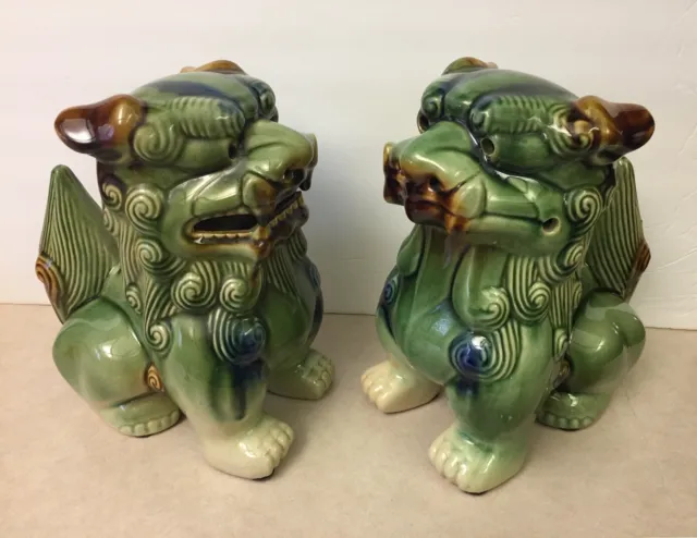 Large Pair of Chinese Guardian Temple Foo Dogs Lions Statue Figurine Ceramic