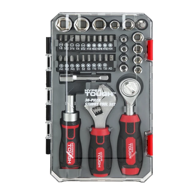 Hyper Tough 38 Piece Multi-Size Stubby Wrench and Socket Set For Home Use