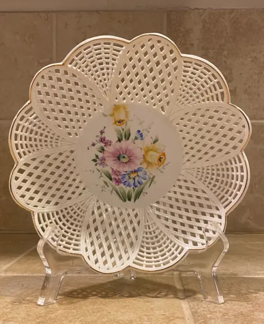 Klausenburg Porcelain Reticulated Floral Hand Painted Lace Woven Trinket Basket