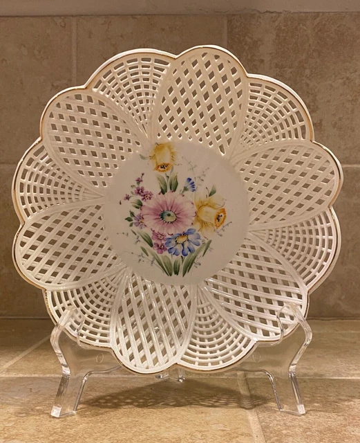 Klausenburg Porcelain Reticulated Floral Hand Painted Lace Woven Trinket Basket