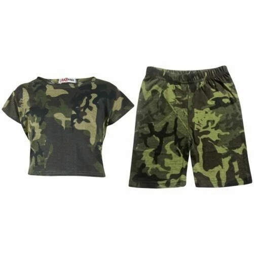 Bambine Top Corto & Ciclismo Pantaloncini Verde Mimetico Stampa Vestito Set