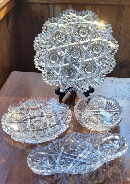 4 Piece Bowls, Plate Vintage Cut Crystal   American Brilliant Point Star Glass