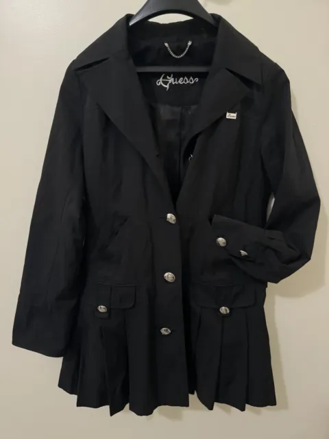 Guess Black Trench Coat Womens Medium PLEATED Button Up Rain Jacket