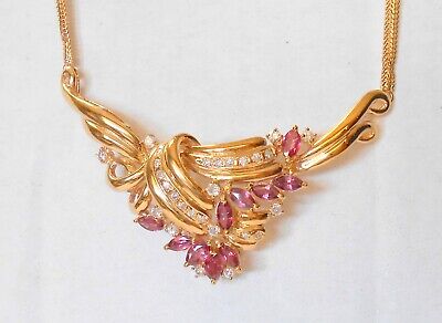 Marquise Ruby & Diamond Winged Spay Pendant 14k Yellow Gold 18" Necklace