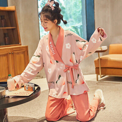 2X Lady Kimono Pyjamas Set Japanese Lapel Cardigan Knit Nightgown Sleepwear Home