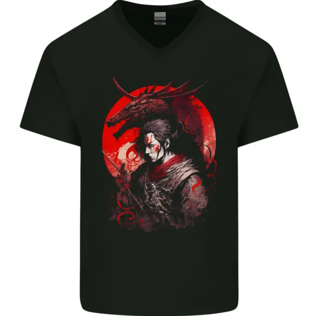 Japanese Dragon Warrior Samurai Ronin Mens V-Neck Cotton T-Shirt