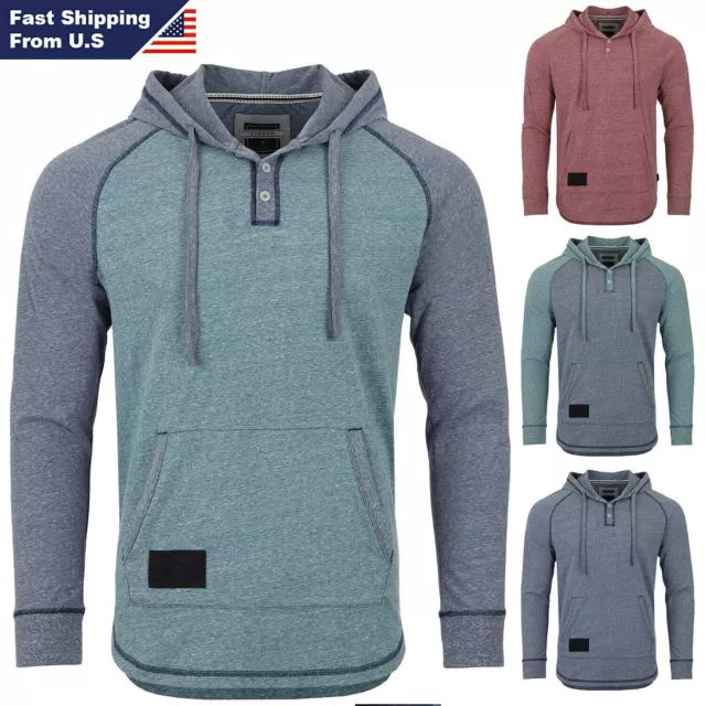 Men's Casual Long Sleeve Color Block Raglan Henley Pullover Hoodie Shirt #ZG142H