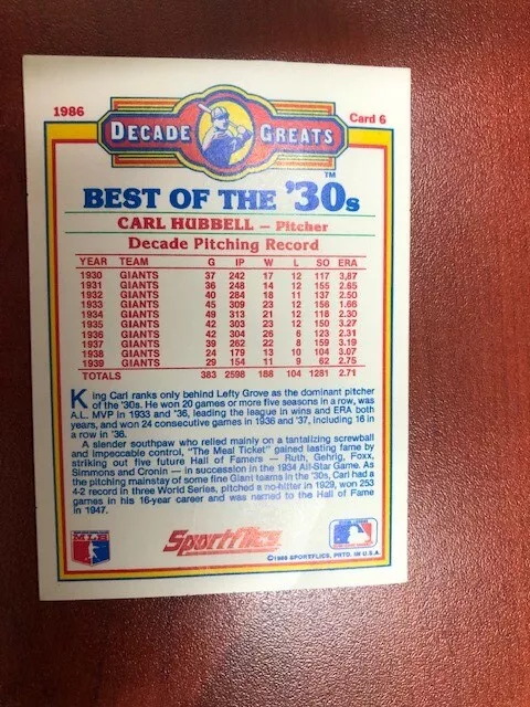 Carl Hubbell Signed 1986 Decade Greats 2