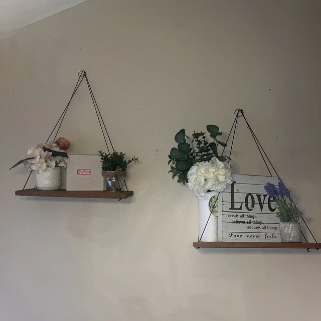 2 Piece Hanging Floating Shelves Set Farmhouse Rustic Style Shelf w Rope & Hooks