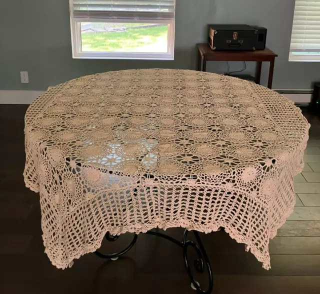 Estate - Antique Vintage Handmade Large Crocheted Lace Tablecloth 67 x 50 inches