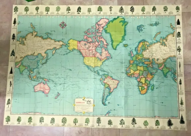 WORLD MAP 20TH CENTURY VERY LARGE ORIGINAL PICTORIAL MAP -132 cm