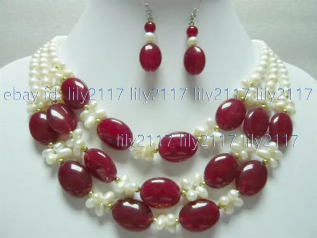 3 Rows 7-8mm Real White Pearl Red Agate Gems Pendant Necklace Earrings Set