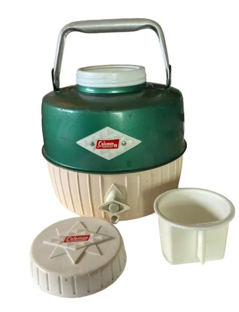 Vintage Coleman Water Jug Cooler Drink Dispenser Green White 1 Gallon Clean Cup