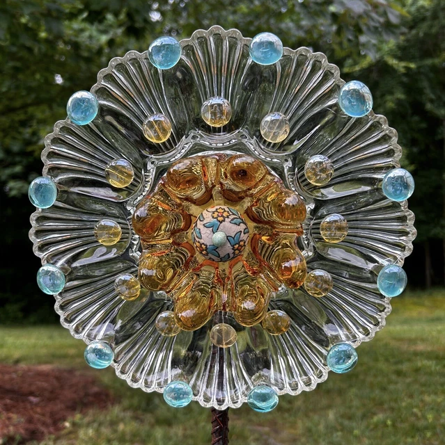 Aqua & Amber Scalloped Shell Glass Garden Flower Repurposed Suncatcher Yard Art