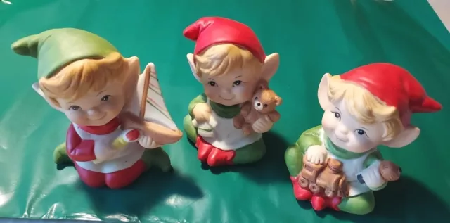 3 Vintage Homco Porcelain Christmas Santa’s Elves Elf Childlike Figurines #5253